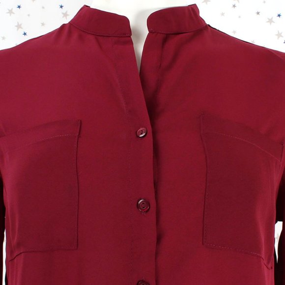 Woven Chiffon Button Up Hi Lo Blouse Shirt Burgundy - Picture 4 of 8